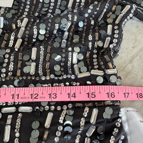 MAC DUGGAL Embellished High Neck Long Sleeve Fitted Dress in charcoal Sz 10 NWT - Picture 6 of 7